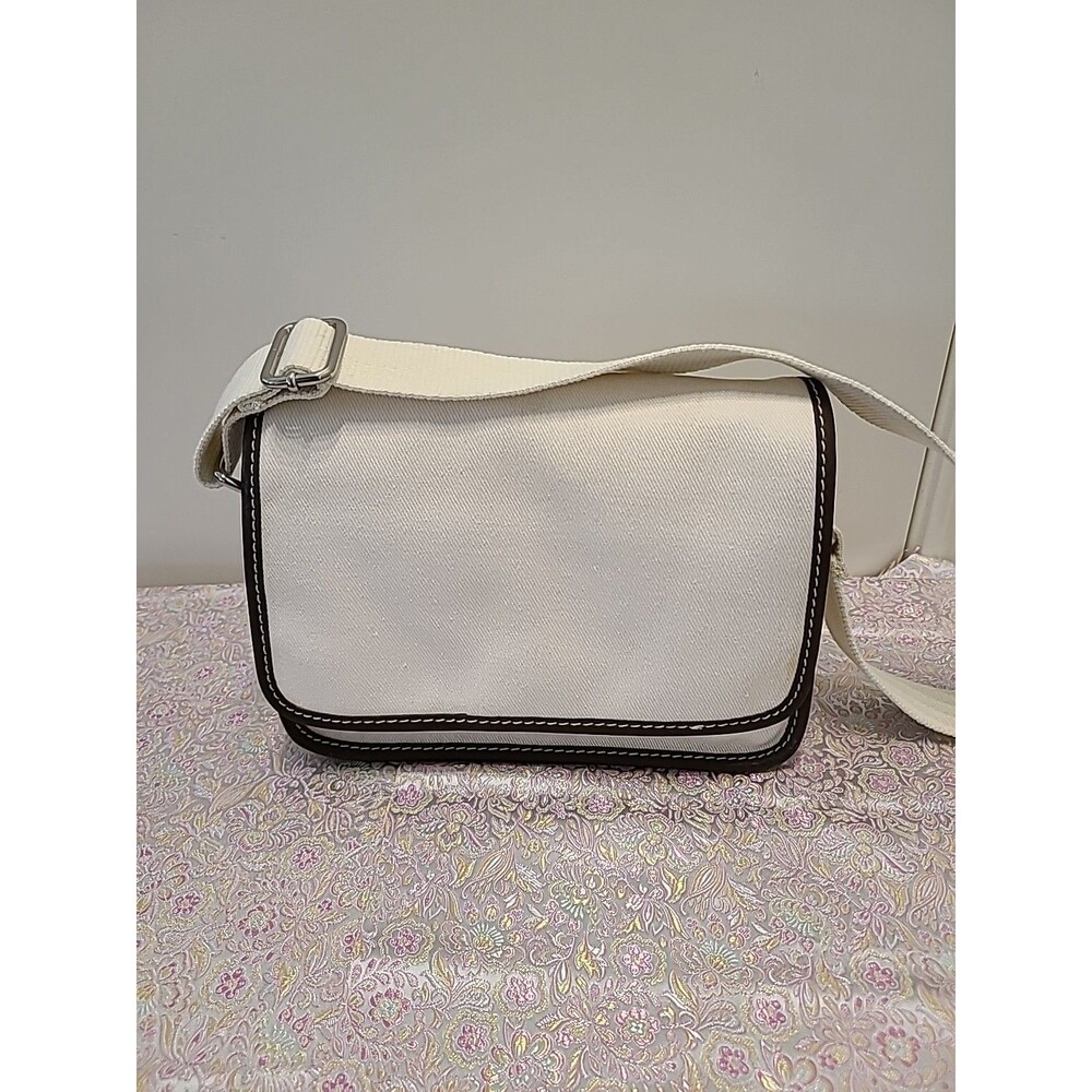 Vintage New Lands End Beige Canvas Crossbody Purse W/BROWN Leather Strap Trim